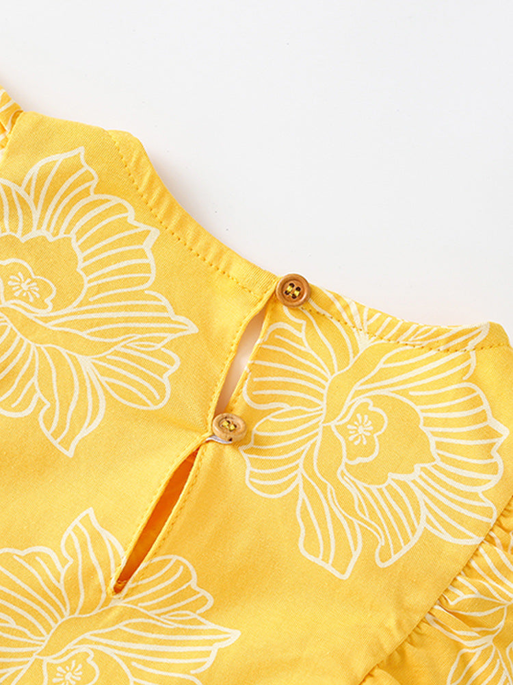 Summer New Arrival Girls’ Flowers Pattern Fly Sleeves Crew Neck Yellow Dress-2