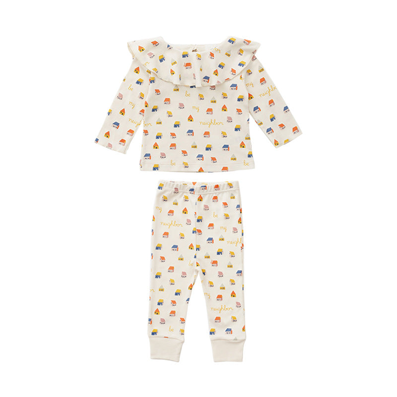 Baby Cartoon & Plaid Pattern Ruffle Neck Design Long Sleeve Sets-2