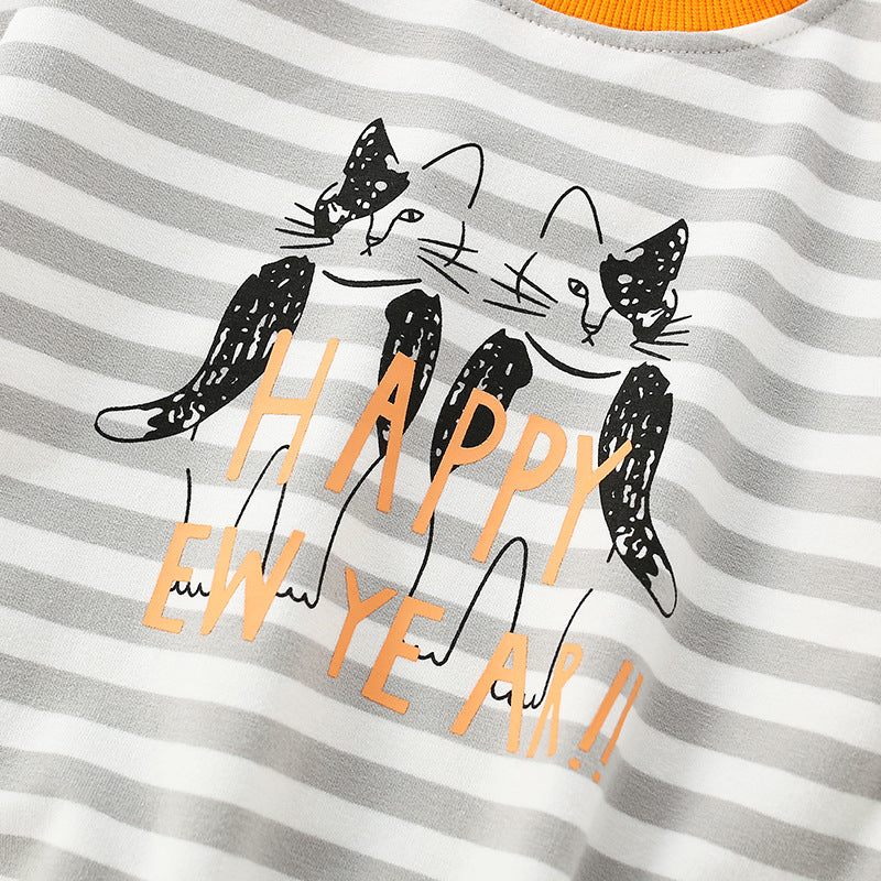 Baby Boy Cartoon Cat & Striped Pattern Colormatching Design Hoodie-2