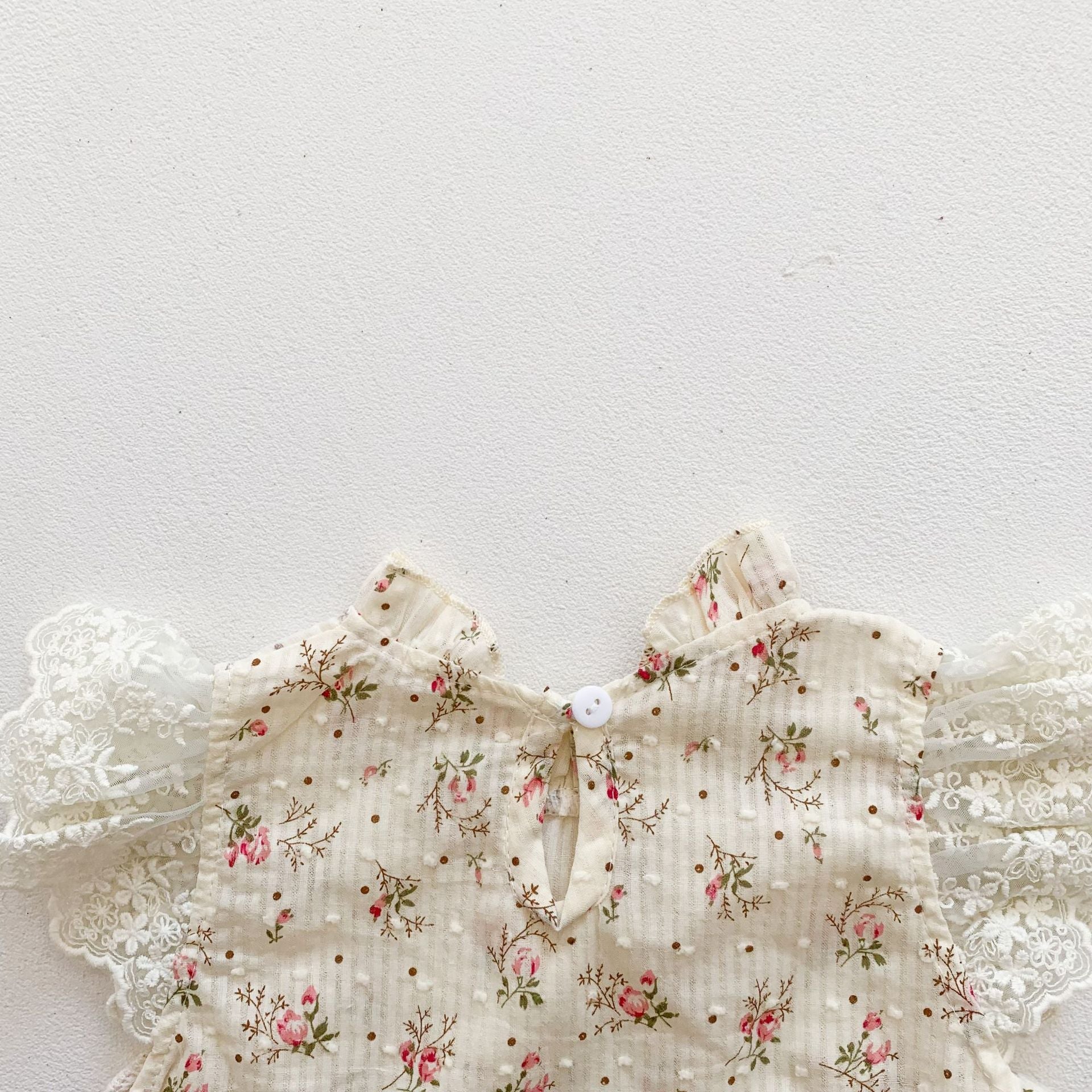 Baby Girls Ditsy Floral Graphic Embroidered Mesh Overlay Ruffle Onesies-3