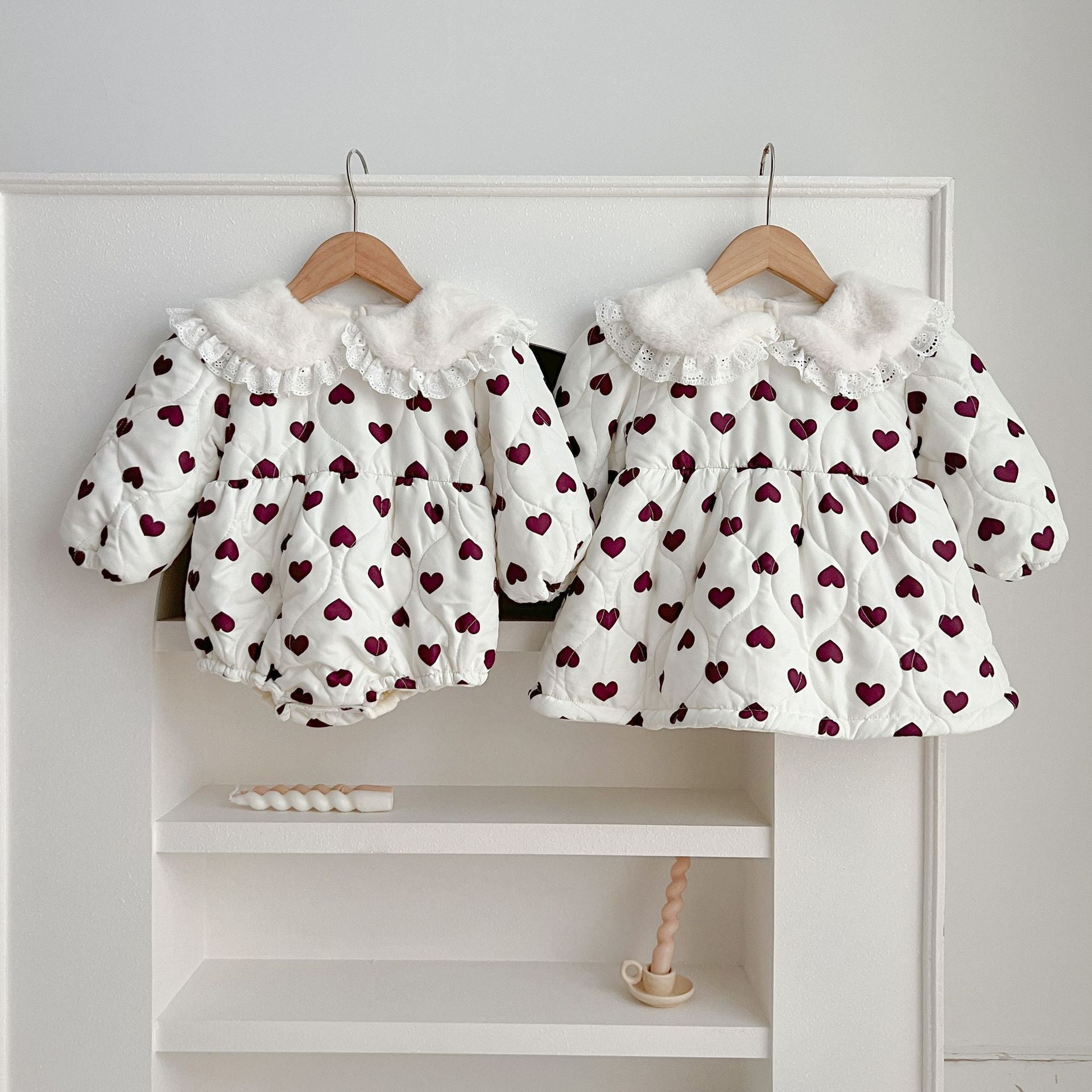Red Heart Pattern Peter Pan Lace Collar Long Sleeve Fashion Princess Onesies&Dress-3