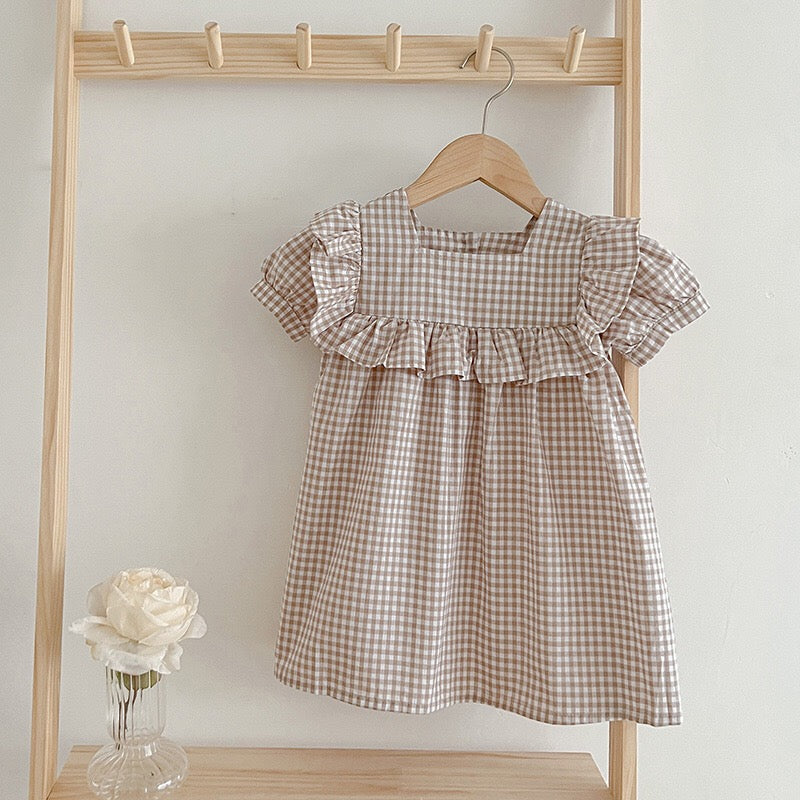 Baby Plaid Pattern Square Neck Puff Sleeves Onesies & Dress-3