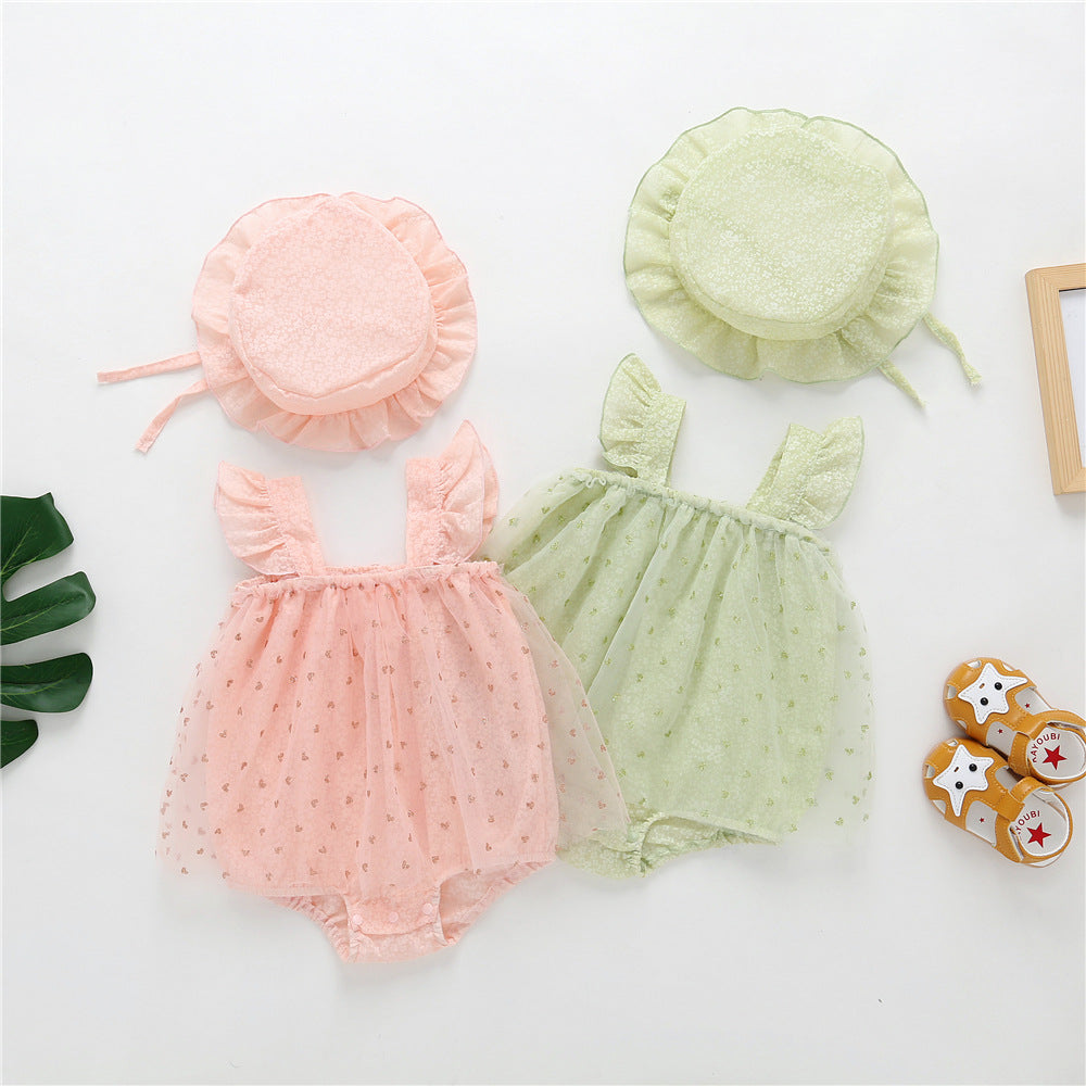 Baby Girl 1pcs Solid Color Heart Graphic Mesh Overlay Sleeveless Dress & Hat-0