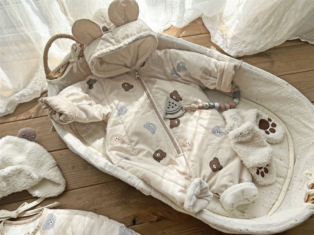 Baby Bear Print Pattern Quilted Warm Coat & Jumpsuit-3