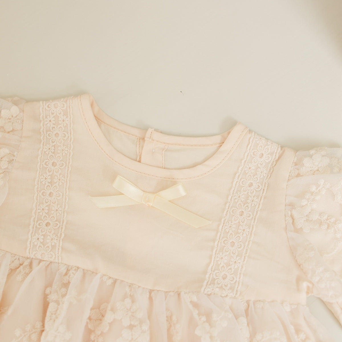 Baby Girl Solid Color Floral Embroidered Mesh Overlay Design Onesies Dress-2