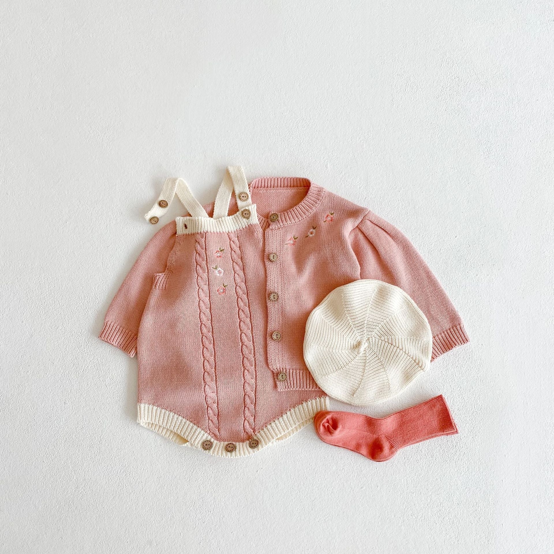 Baby Girl 1pcs Crochet Knitting Graphic Contrast Onesies & Floral Embroidered Cardigan Sets-2