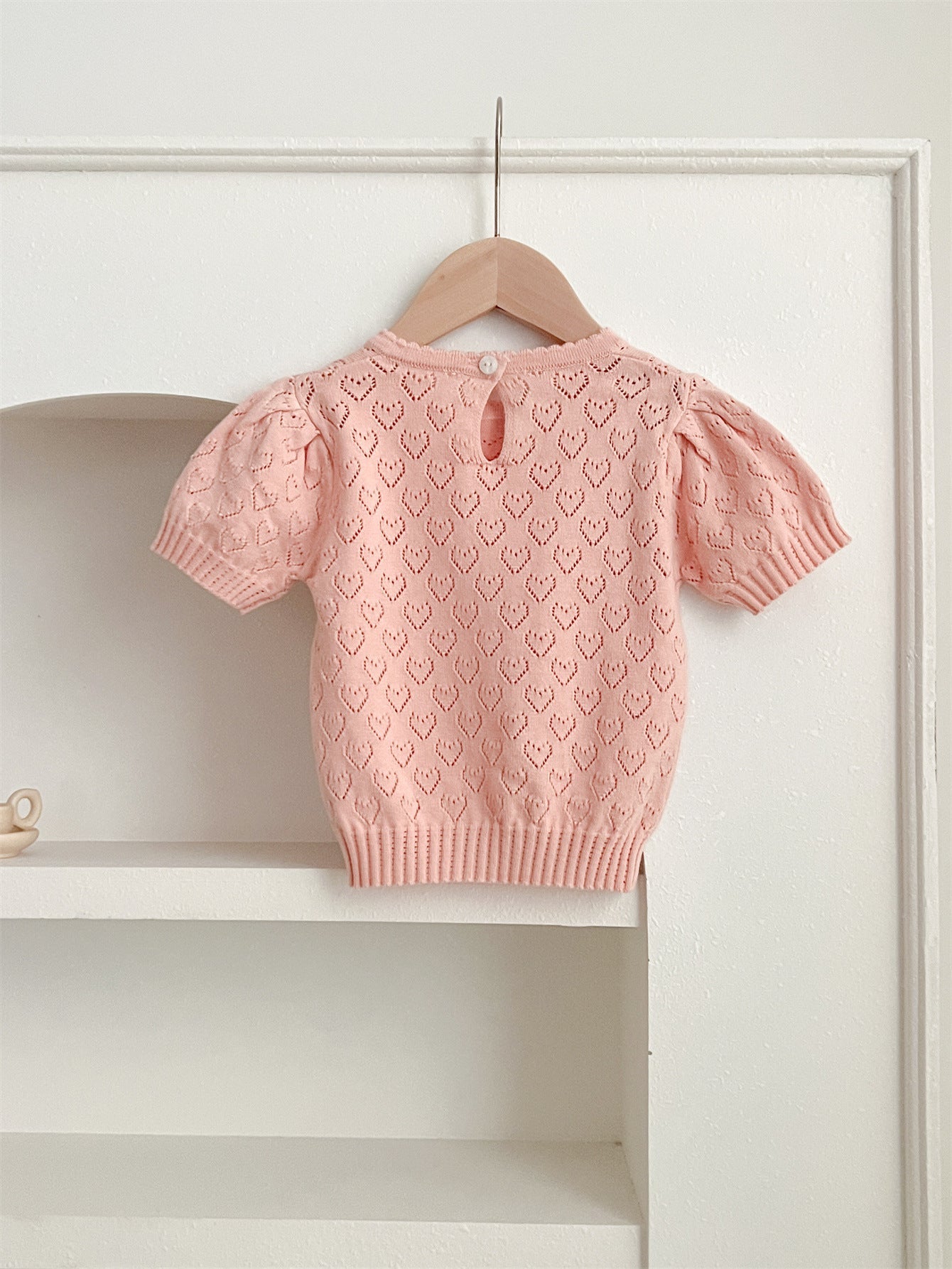 New Arrival Summer Baby Kids Girls Knit Hollow Out Heart Pattern Short Sleeves Top-4