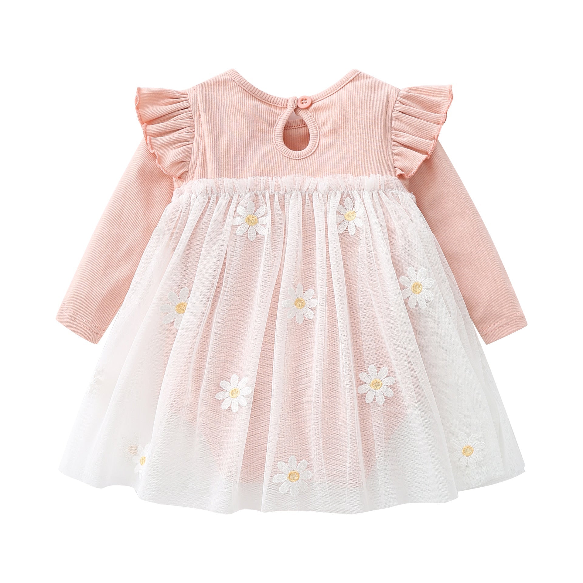 Baby Girls Floral Lace Patchwork Design Ruffle Long-Sleeved Dress Onesies In Spring & Autumn-1