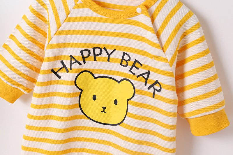 Baby Cartoon Bear & Striped Pattern Crotch Jumpsuit Romper-3