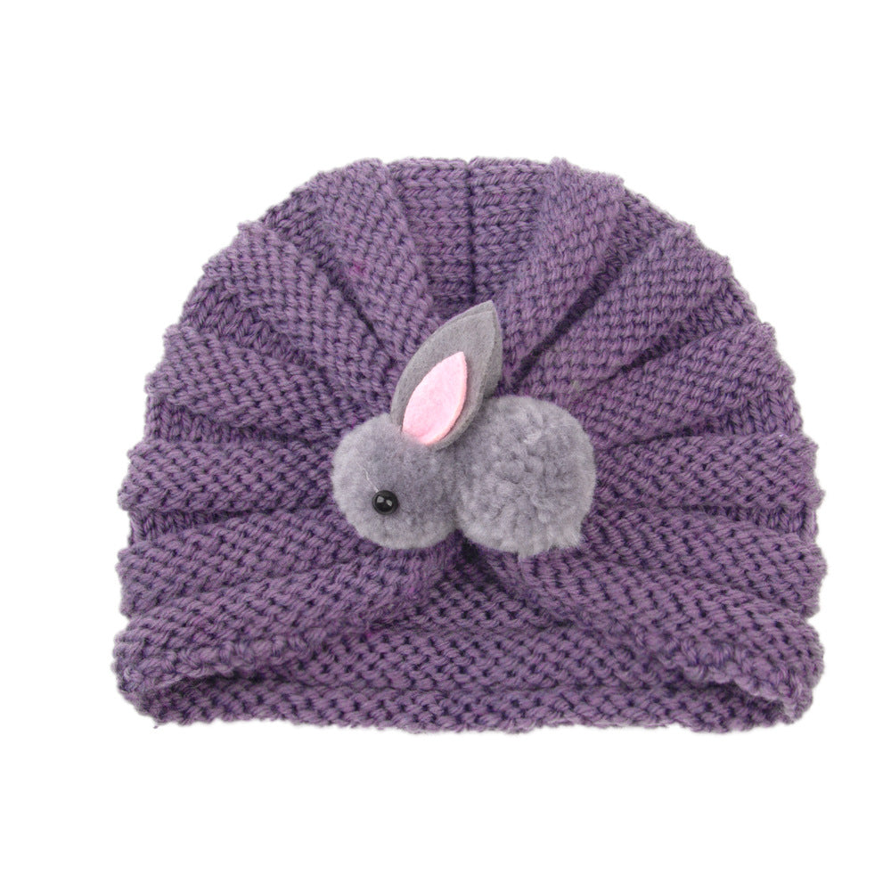 Newborn Baby Solid Color Rabbit Patched Design Wool Knitting Tire Caps-3