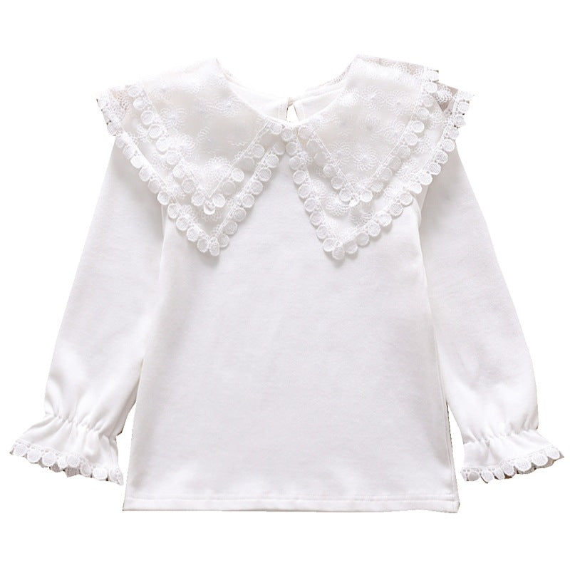 Baby Girl Solid Color Mesh Doll Neck Lapel Quality Shirt-2