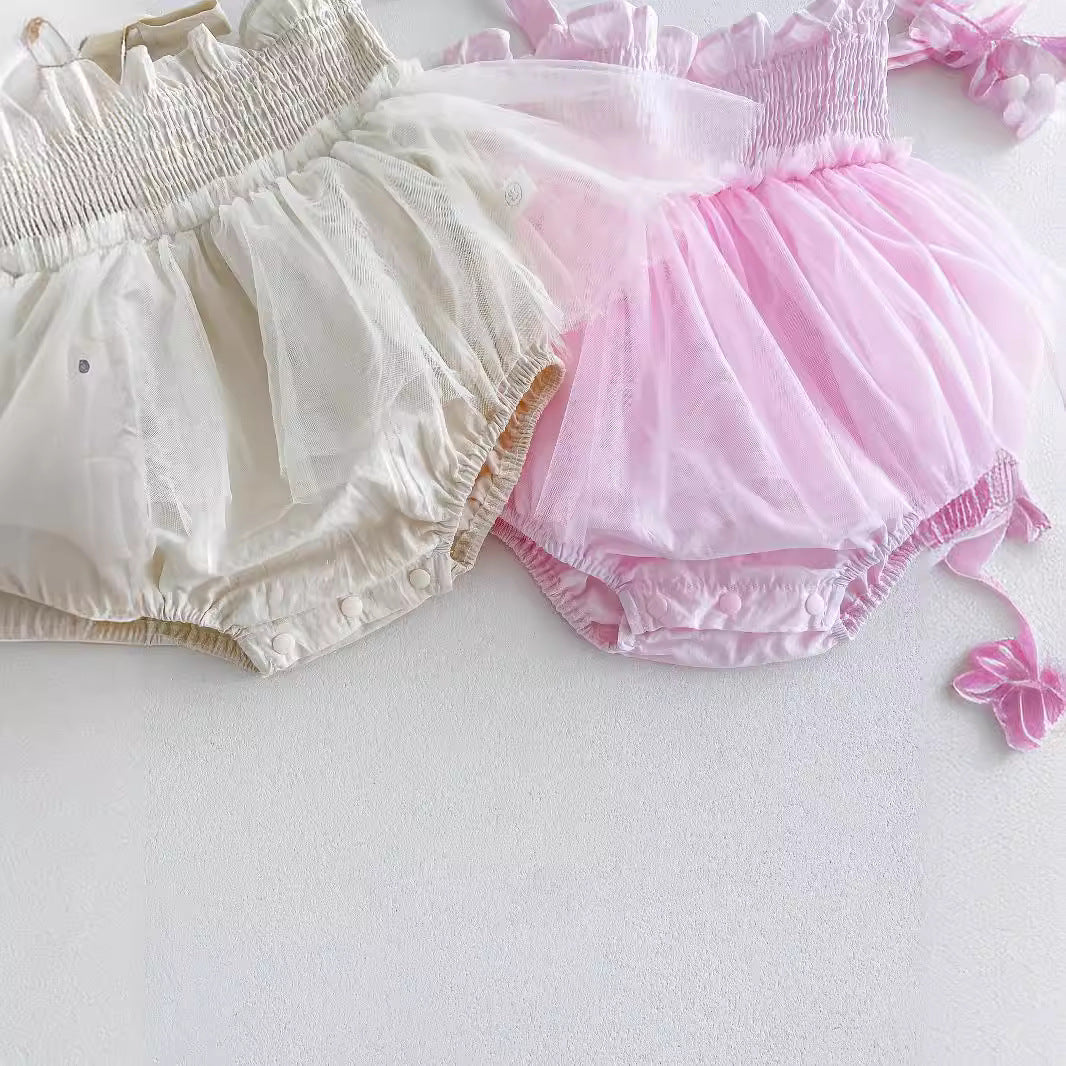 Summer New Arrival Baby Girls Sleeveless Solid Color Pleated Strap Tulle Onesies Dress-2