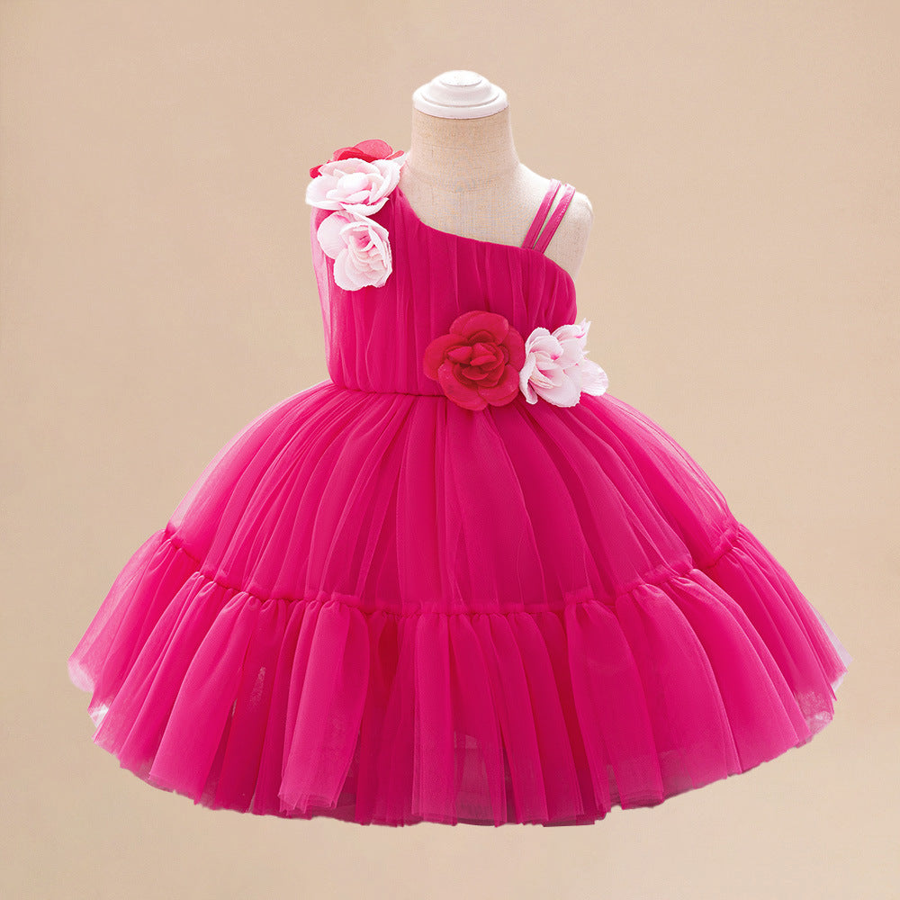 Summer Baby Kids Girls Princess Sleeveless 3D Flowers Birthday Tulle Dress-2