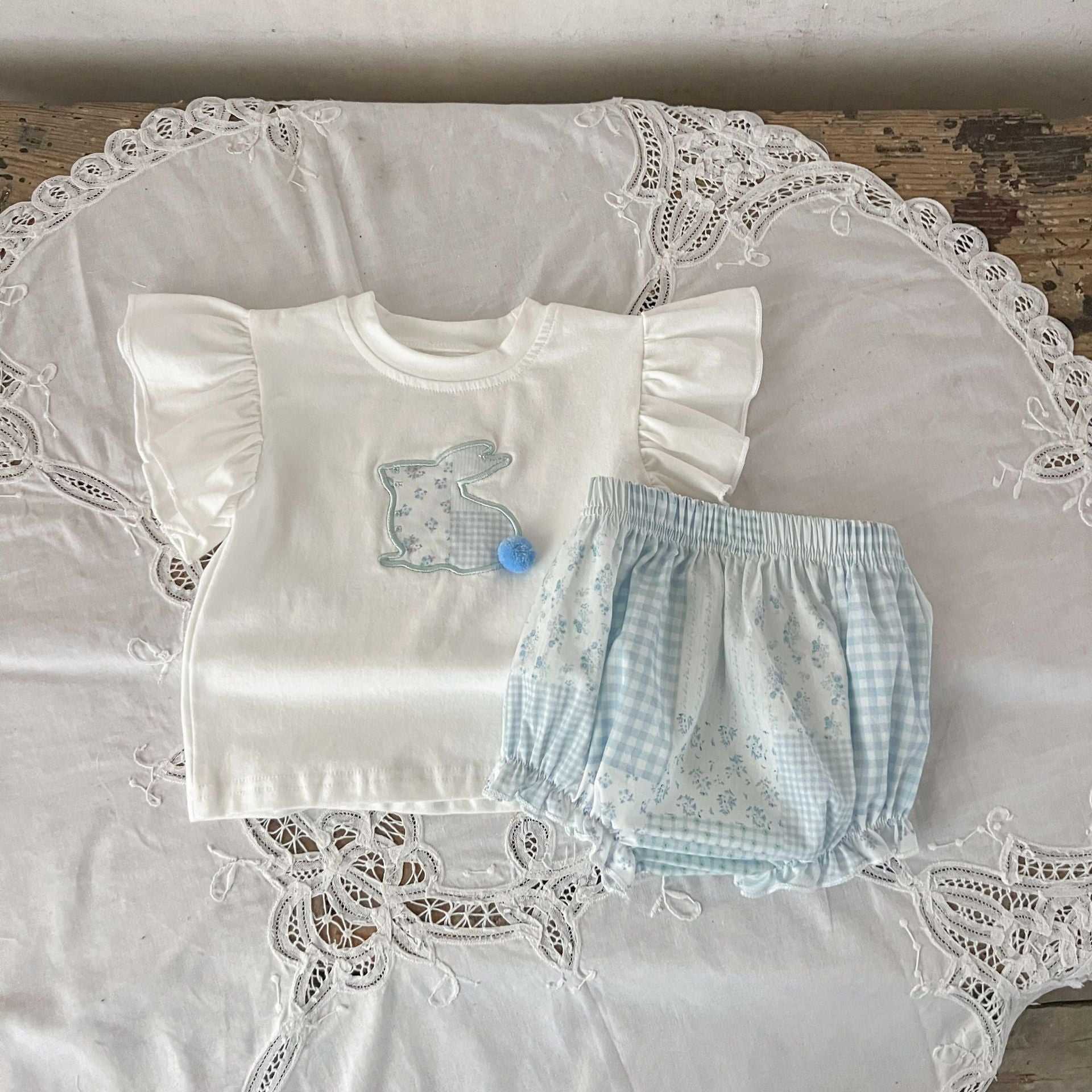Summer New Arrival Baby Kids Girls Boutique Versatile Rabbit Pattern Fly Sleeves Top And Floral And Plaid Shorts, Clothing Set-3
