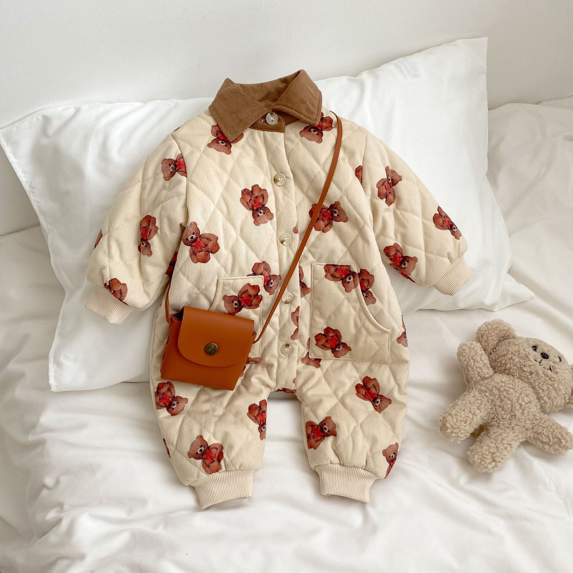 Baby Cartoon Bear Graphic Cute Style Quilted Warm Long Sleeve Dress & Jumpsuit-3