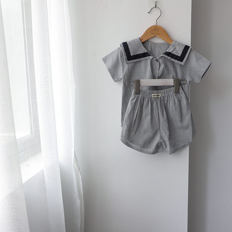 Baby Girl 1pc Contrast Tape Lapel Tops & Shorts Navy Style College Sets-3