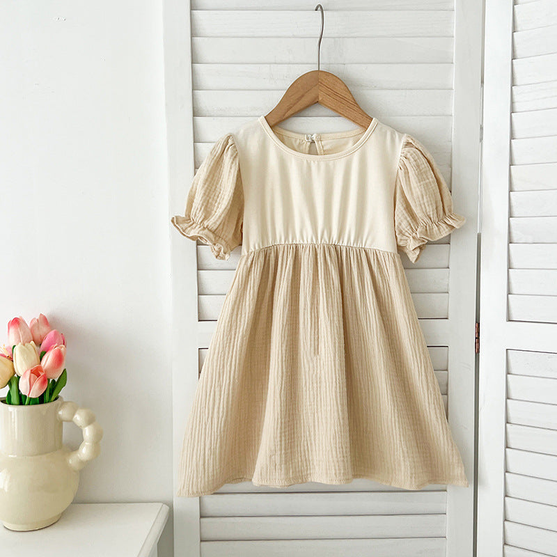 Summer Girls Apricot Patchwork Crew Neck Short Sleeves Onesies And Girls’ Dress – Simple Sister Matching Set-2