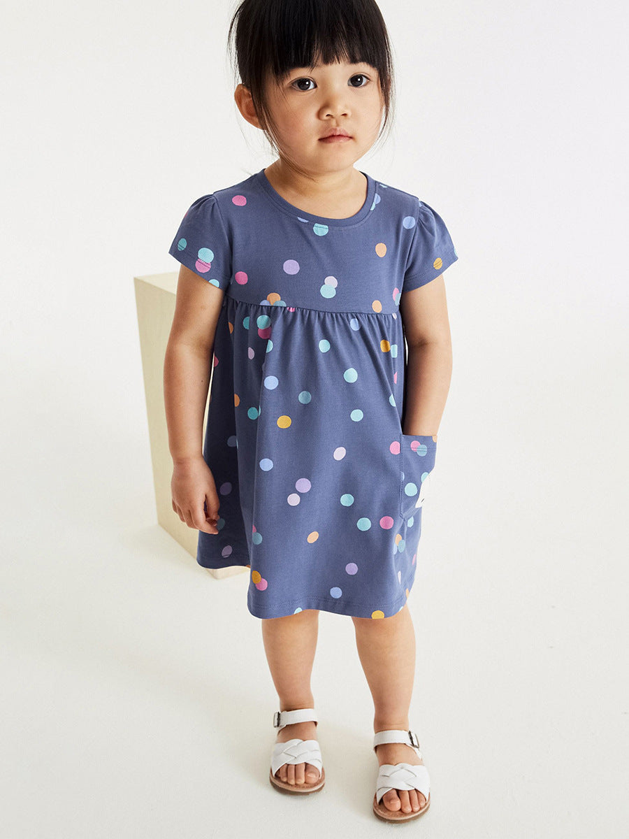 Spring And Summer Baby Girls Short Sleeves Polka Dots Dress With Unicorn Pocket-2