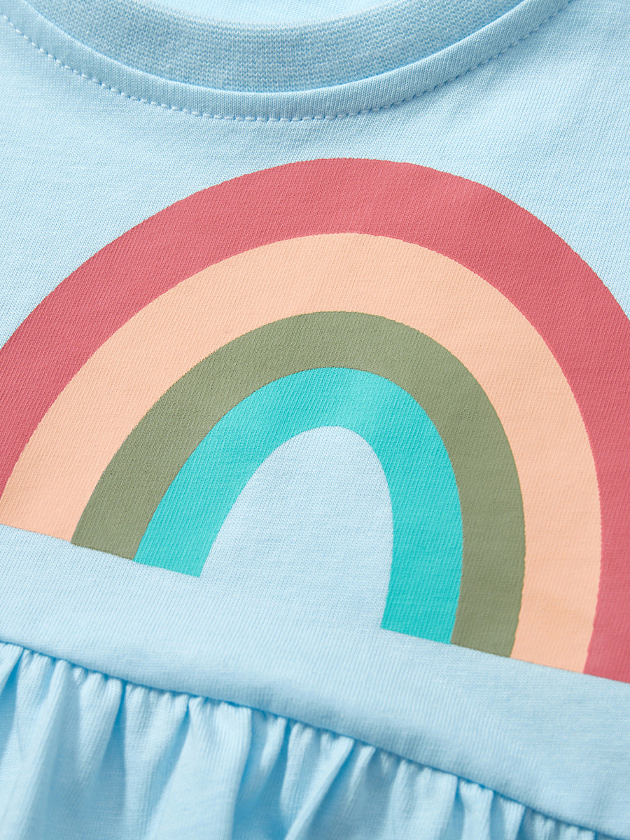 Spring And Summer Baby Girls Blue Short Sleeves Rainbow Pattern Dress-2
