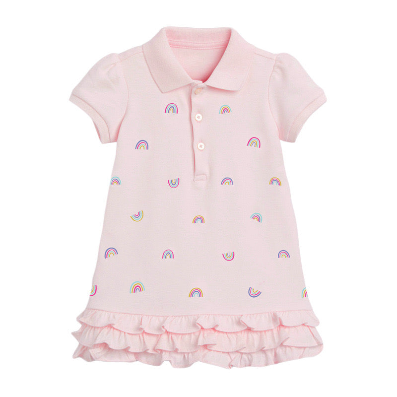 Baby Girl Allover Rainbow Graphic Polo Neck Rufffle Hem Dress-3