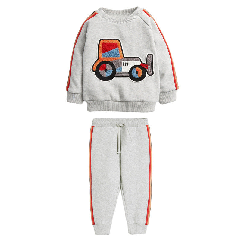 Baby Boy Cartoon Truck Pattern Side Striped Design Hoodie & Trousers Warm Sets-3
