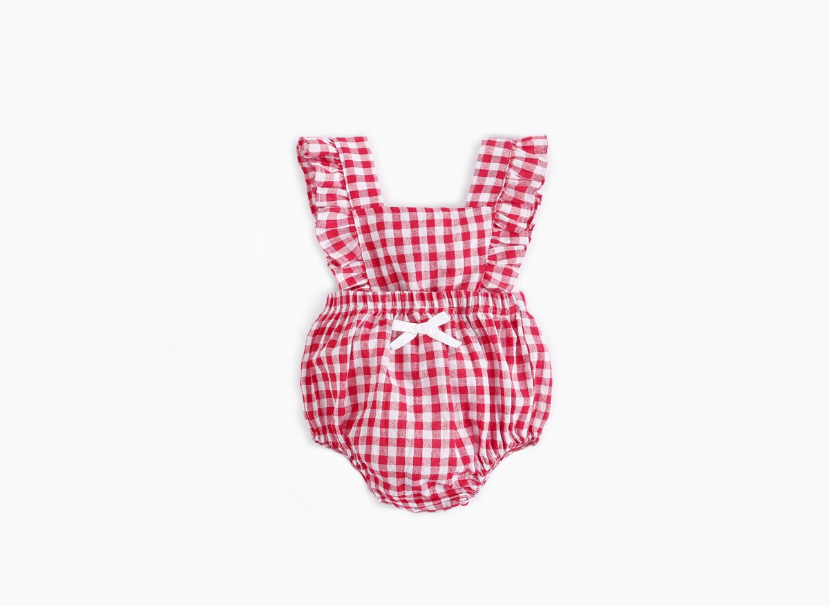 Baby Girl Doll Neck Solid Shirt & Red Plaid Graphic Bow Patched Bodysuit 1 Pieces Sets-3