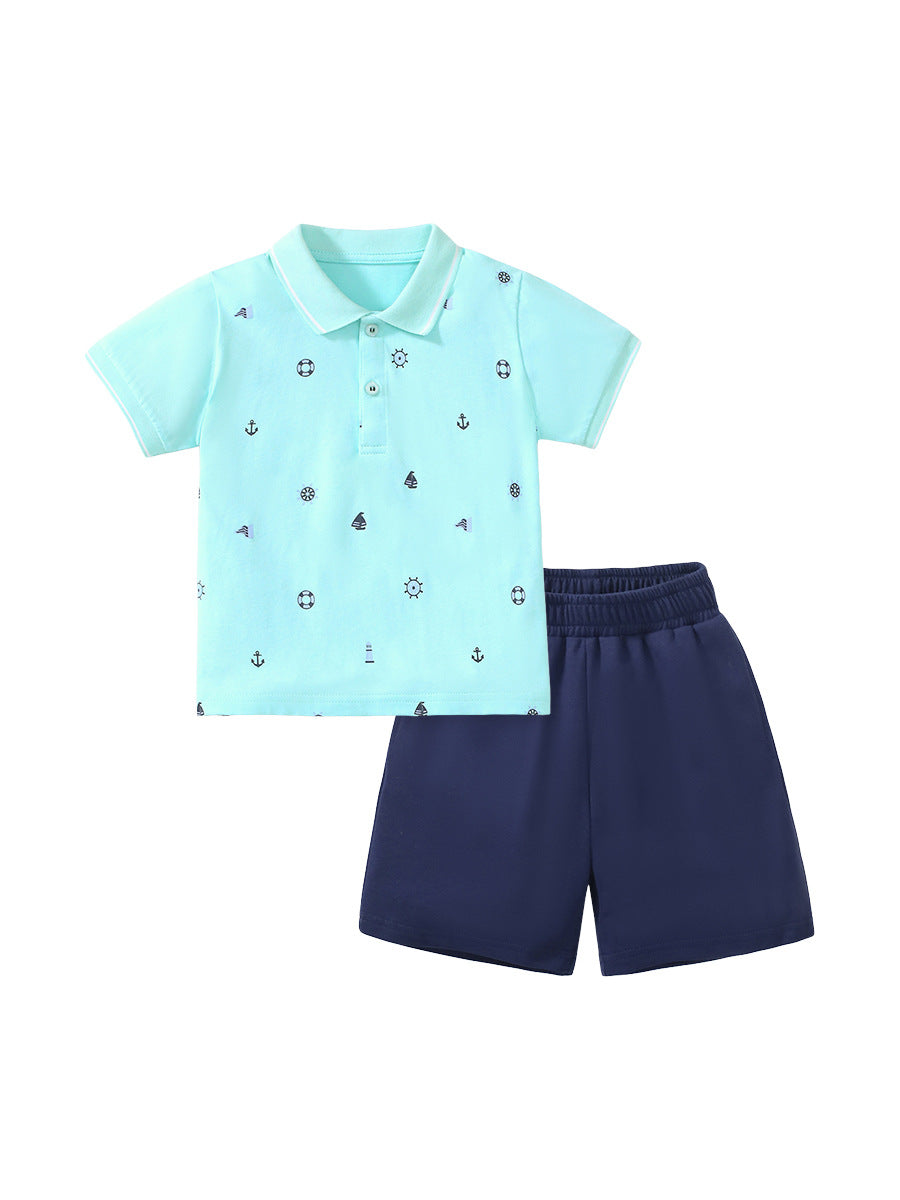 Baby Kids Boys Marine Print Polo Top And Shorts Casual Clothing Set-4