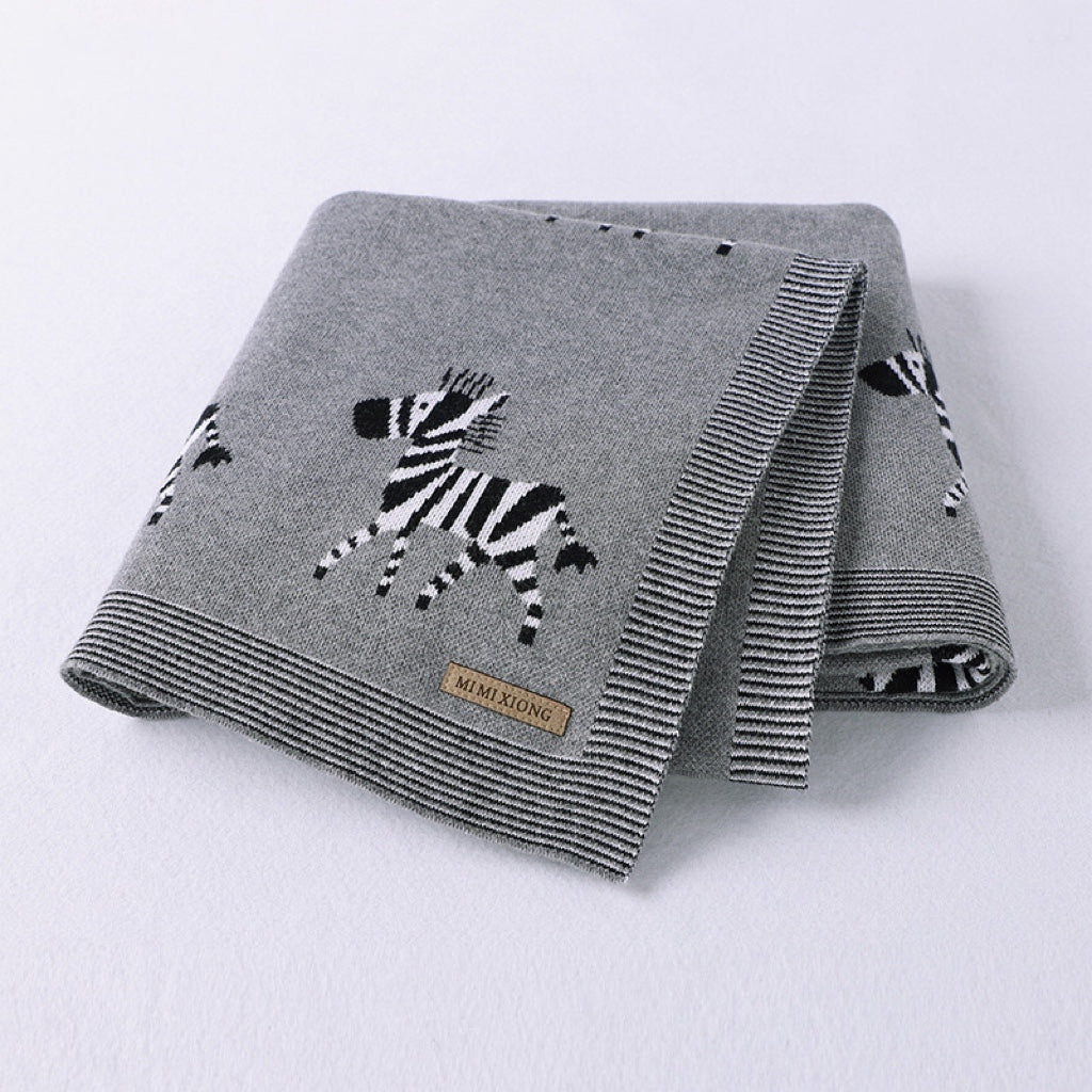 Kids Cartoon Animal Embroidery & Striped Pattern Pure Cotton Blanket-3