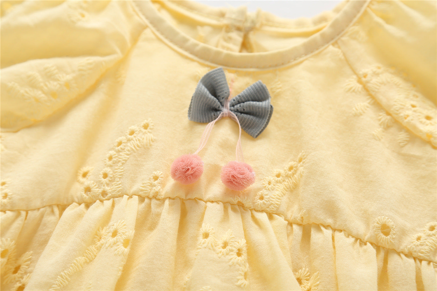 Baby Solid Yellow Hollow Carved Design Long Sleeves Bow Dress & Hat-3
