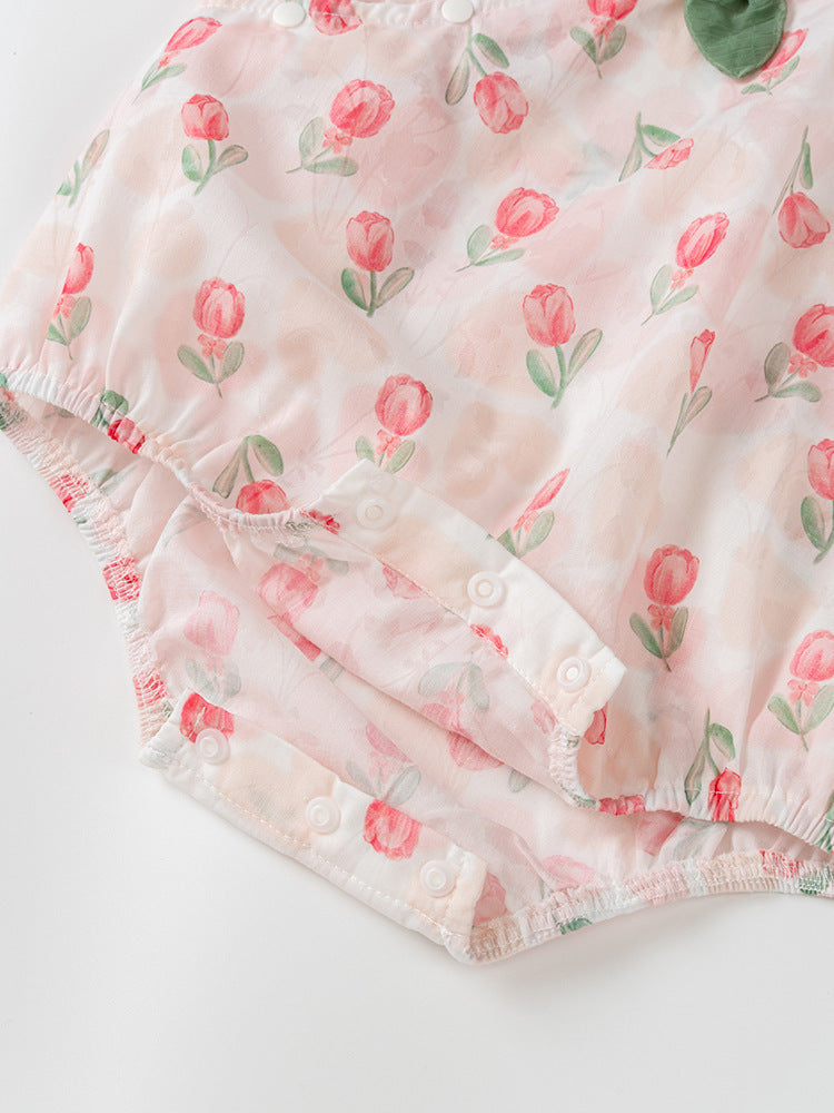 Summer New Design Baby Girls Red Rose Flowers Pattern Fly Sleeves Ruffle Neck Sweet Cute Onesies-4