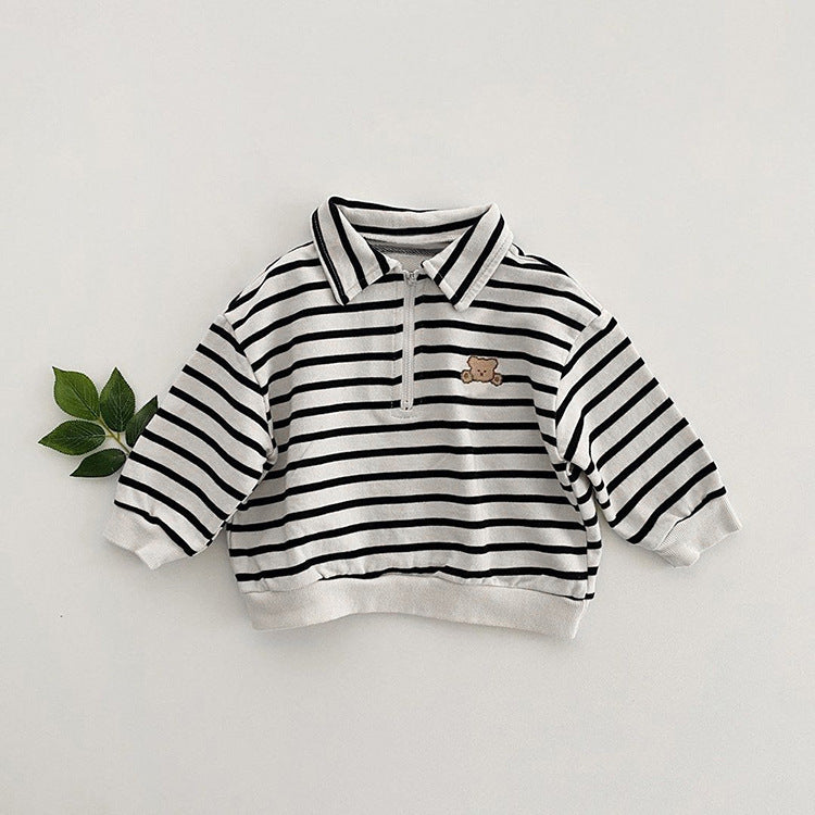Baby Cute Bear Embroidered & Striped Pattern Polo Neck Cotton Hoodies-2