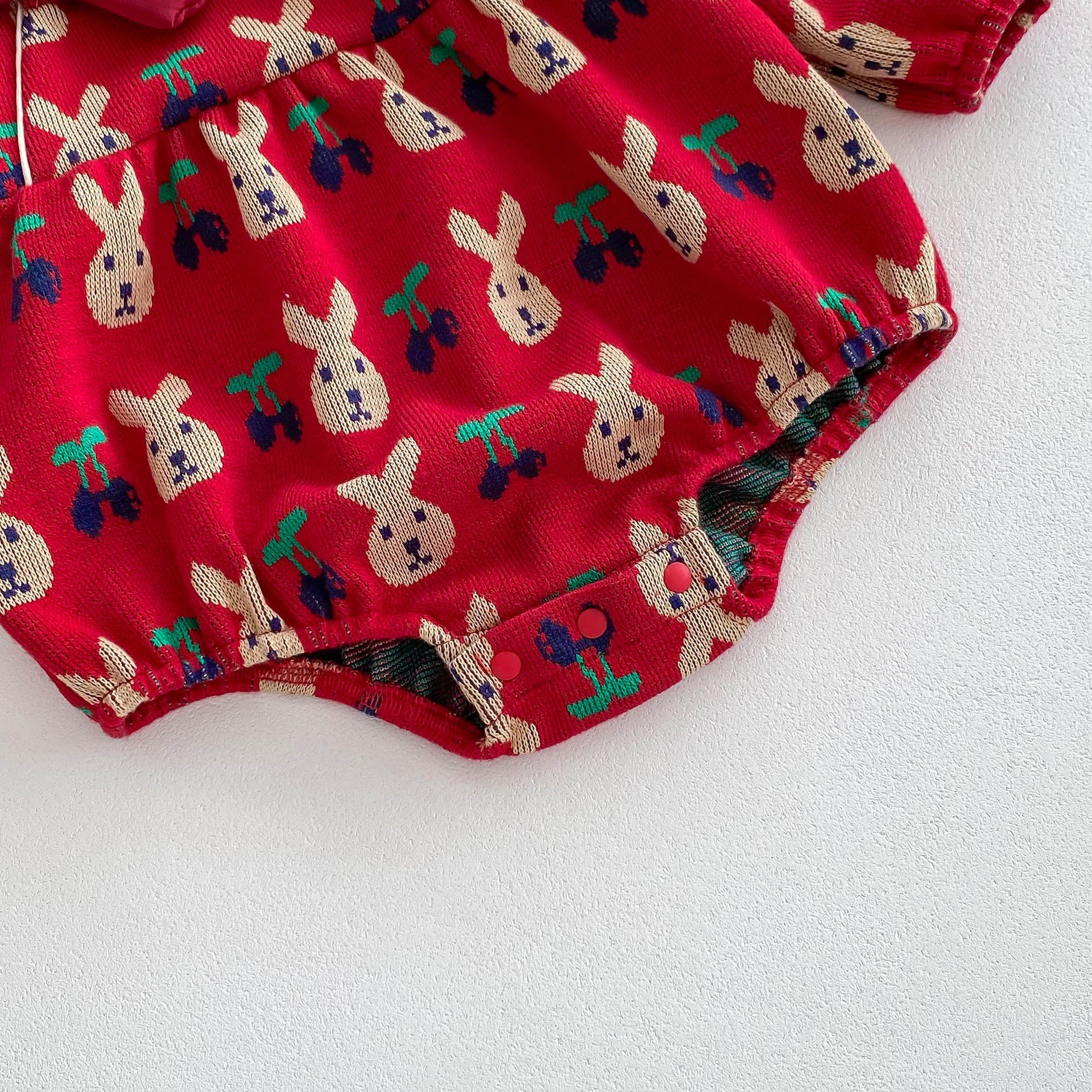 Infant Baby Girls Rabbit&Cherry Around Long Sleeve One Piece-2