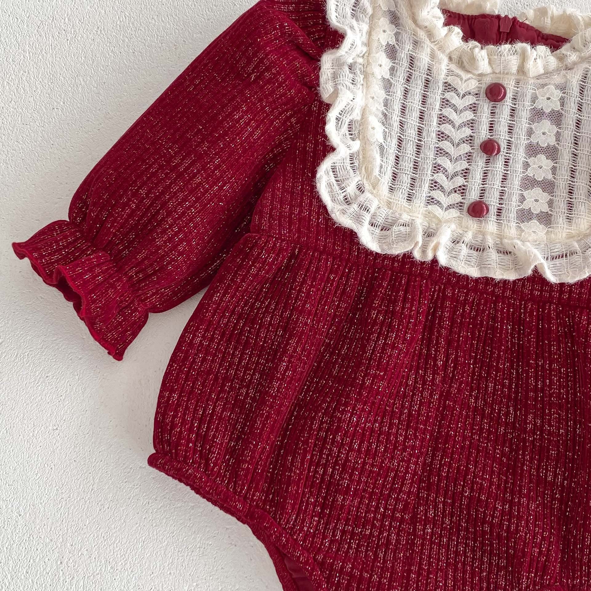 Ins Autumn&Winter Baby Girls Laces Round Collars Long Sleeve One Piece-3