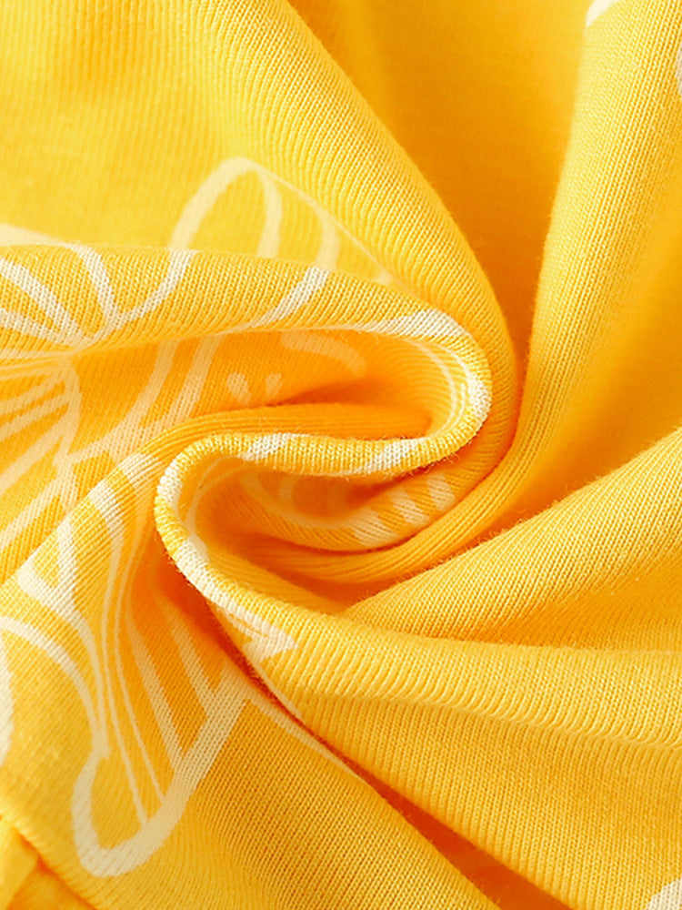 Summer New Arrival Girls’ Flowers Pattern Fly Sleeves Crew Neck Yellow Dress-3