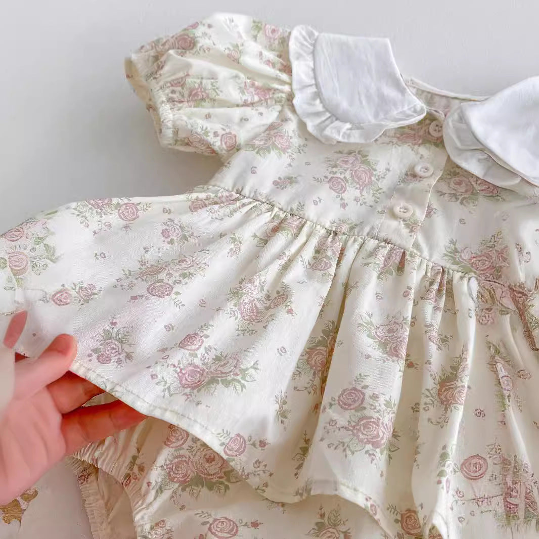 Summer New Arrival Baby Girls Short Sleeves Flowers Pattern Peter Pan Collar Onesies Dress-2