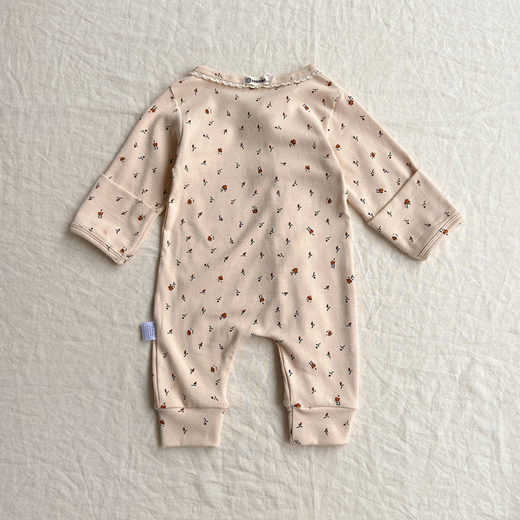 Baby Flower Pattern & Solid Color Lace Design Button Front Jumpsuit-3