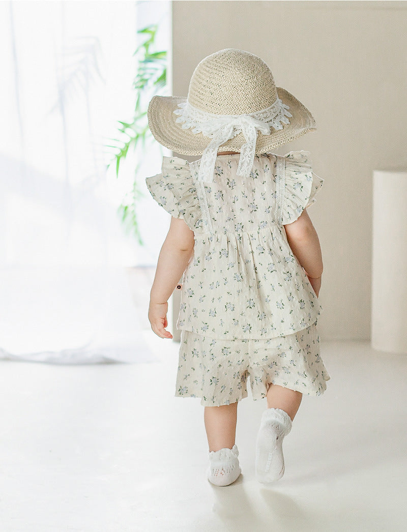 Baby Girl Flower Pattern Flying Sleeves Onesies & Clothing Sets With Headband-3