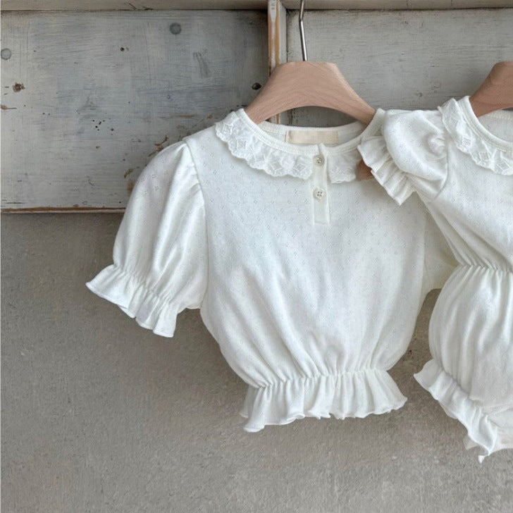 Summer New Design Baby Girl Geometric Pattern Collar Short Puff Sleeves Tops-2