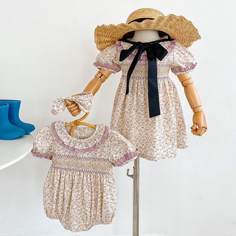 Baby Girl Ditsy Flower Ruffle Neck Dress & Onesies In Summer-2