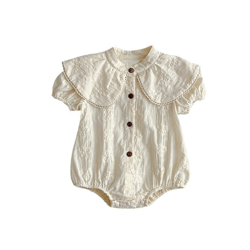 Summer New Arrival Baby Girls Beige Short Sleeves Flowers Embroidery Onesie-2