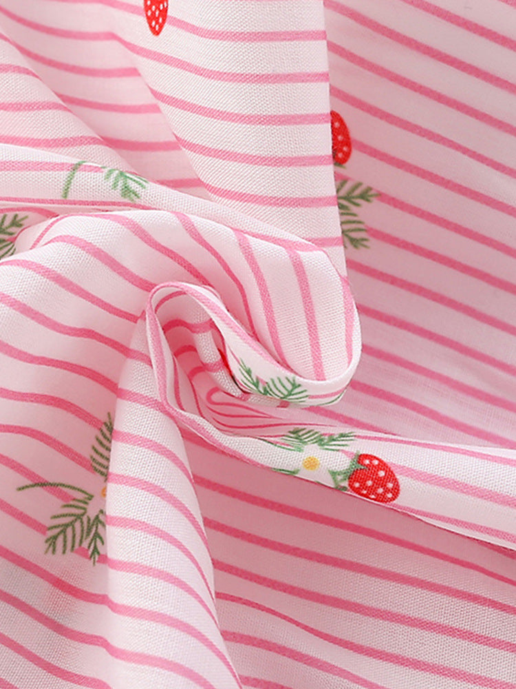 Summer New Arrival Girls’ Strawberry Pattern Striped Single Breasted Short Sleeves Round Neck Dress-3