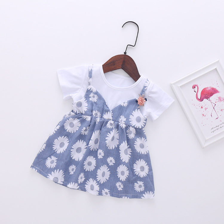 Baby Girl Little Daisy Print Pattern False Two-Piece Patchwork Design Round Collar Short-Sleeved Dress-3