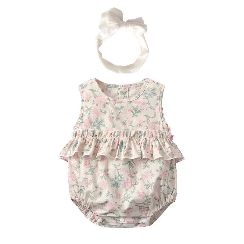 Baby Girl Floral Print Graphic Ruffle Design Sleeveless Onesies & Headband-3