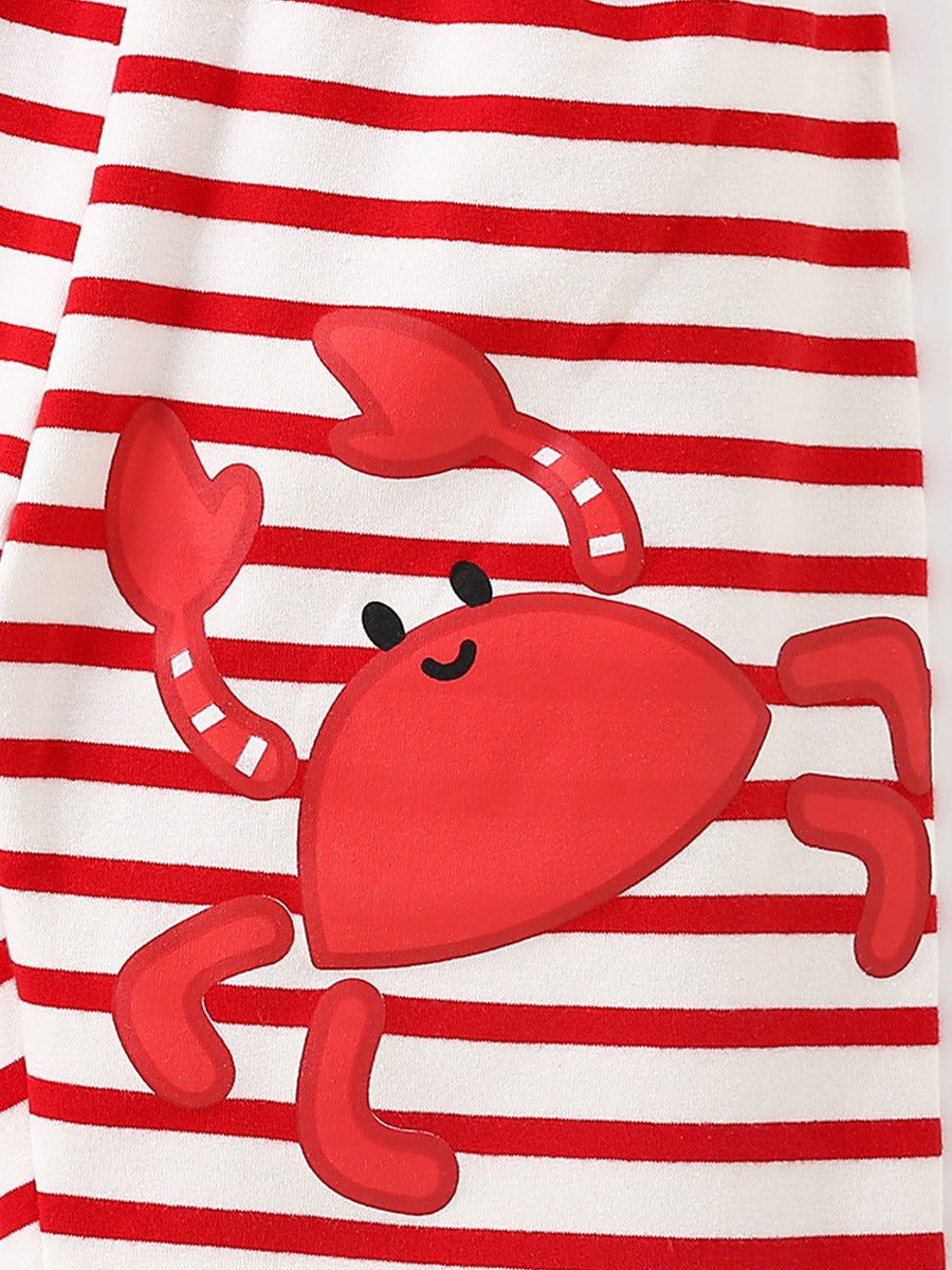 Summer Baby Kids Girls Crab Cartoon Pattern Short Sleeves T-Shirt And Striped Shorts Casual Clothing Set-3