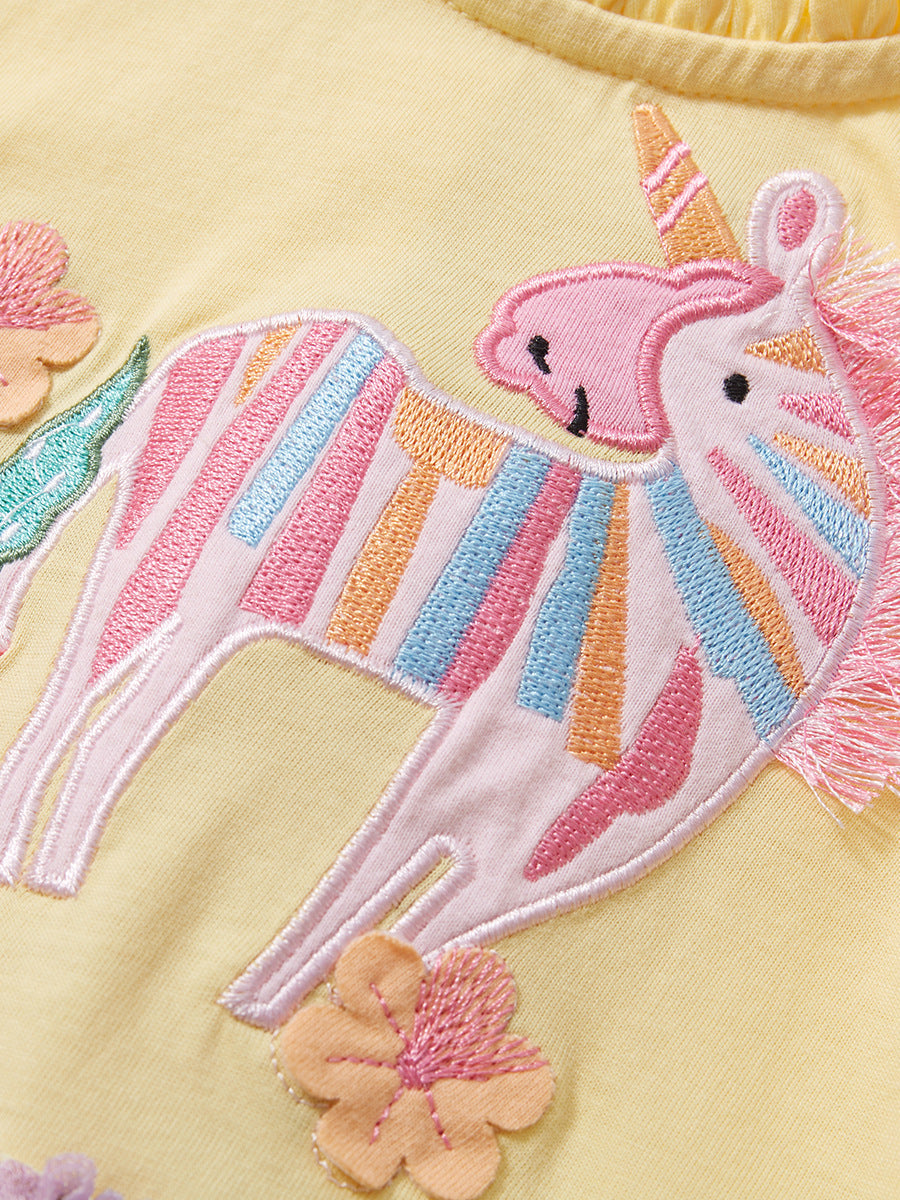 Spring And Summer Baby Girls Short Sleeves Floral Unicorn Cartoon Chiffon Dress-2