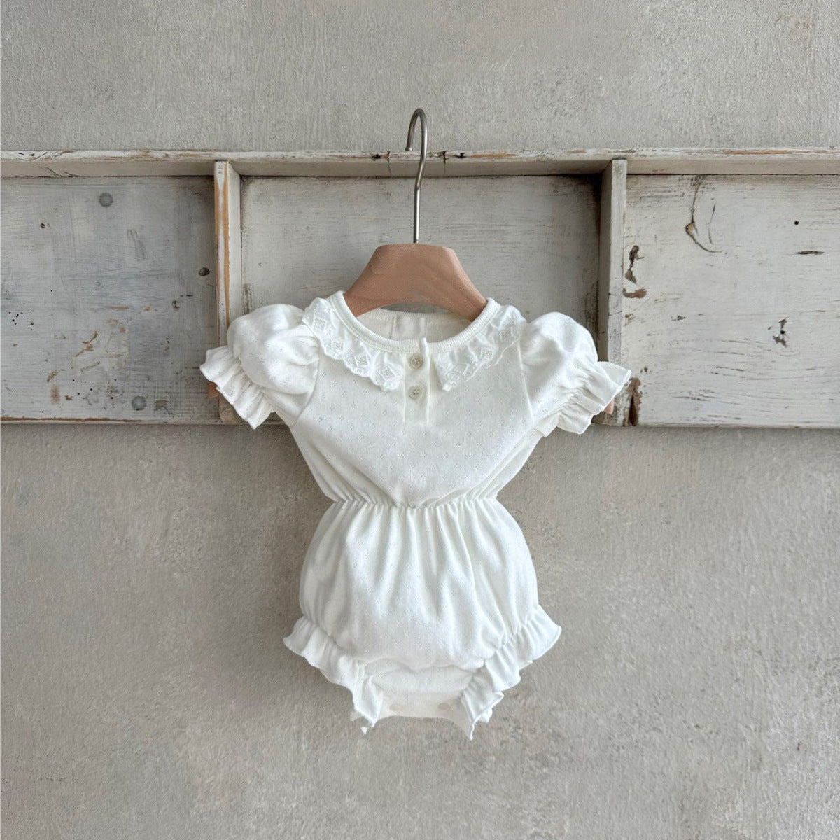 Summer New Arrival Baby Girls Geometric Pattern Collar Short Sleeves Hollow Out Design Onesies-1