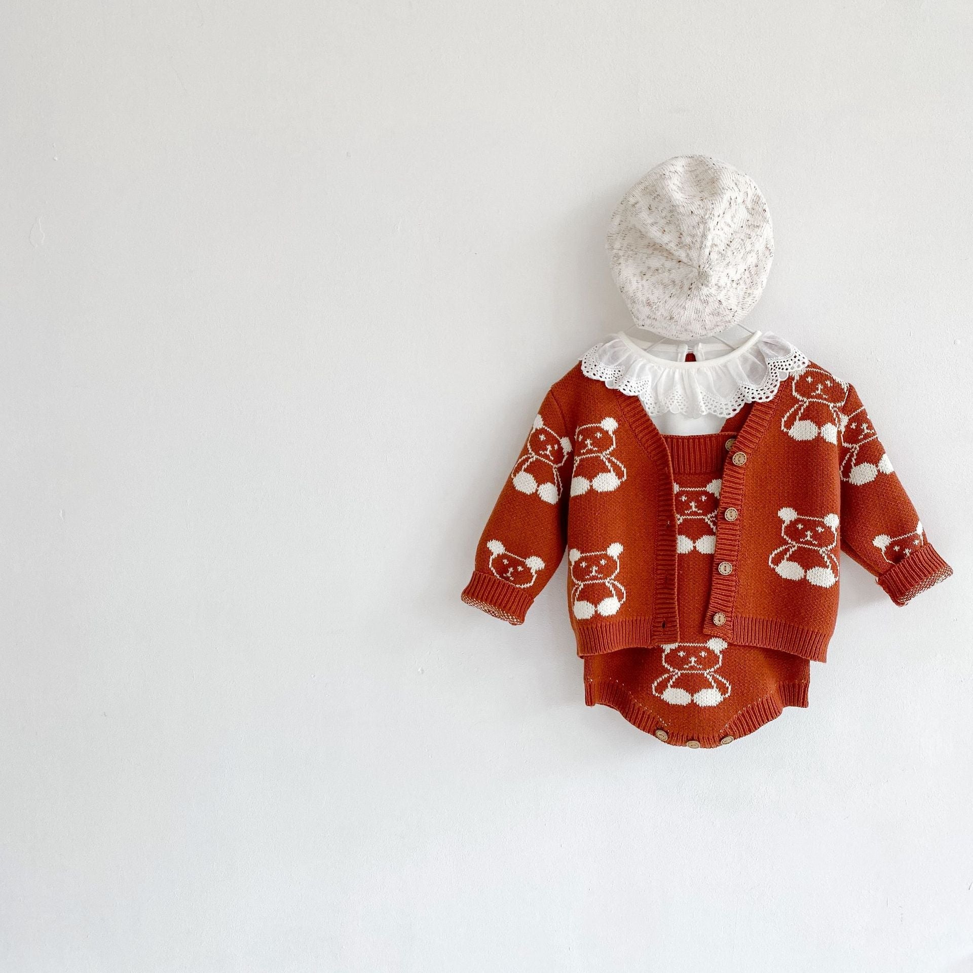 Baby Girl Cartoon Bear Embroidered Graphic Knitted Sleeveless Bodysuit & Cardigan 1-Pieces Sets-3
