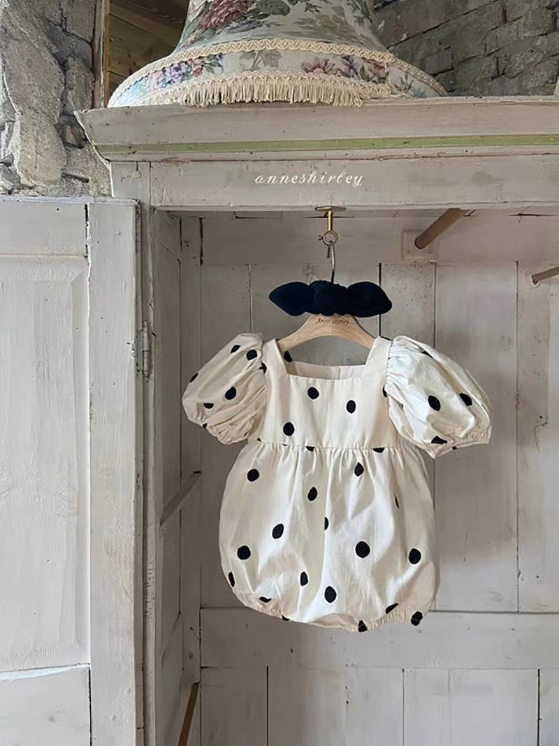 Baby Girl Polka Dot Pattern Square Collar Puff-Sleeved Onesies-0