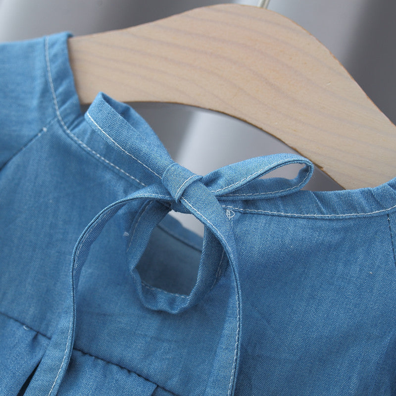 Summer Hot Selling Baby Kids Girls Fly Sleeves Crew Neck Solid Color Denim Dress-3