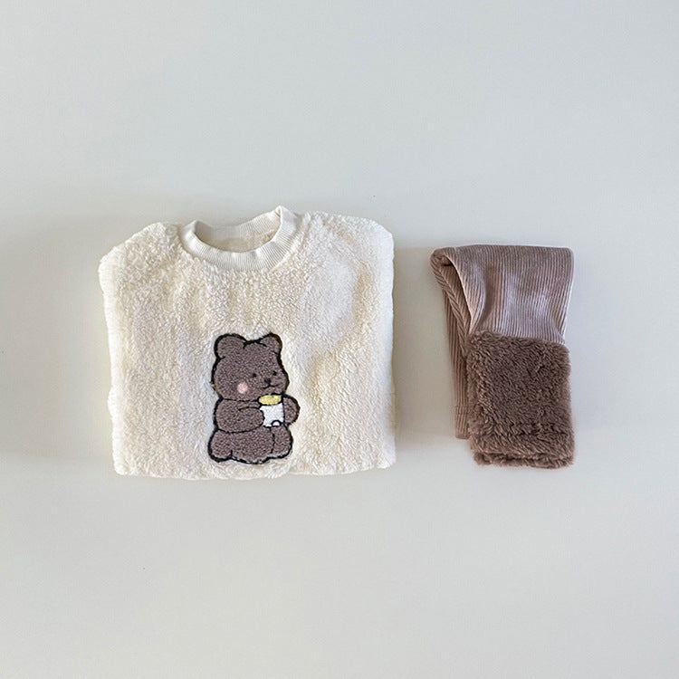 Baby Bear Embroidered Pattern Plush Hoodies Combo Pants Pieces Sets-3